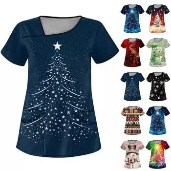 Женская рабочая одежда с рождественским принтом, покатый воротник и двухслойные карманы, базовый пуловер сверху XXXXL чёрный