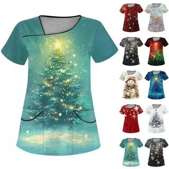 Женская рабочая одежда с рождественским принтом, покатый воротник и двухслойные карманы, базовый пуловер сверху M хаки