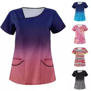 Женская рабочая одежда в градиентную полоску с короткими рукавами и двойными карманами. Верх L синий