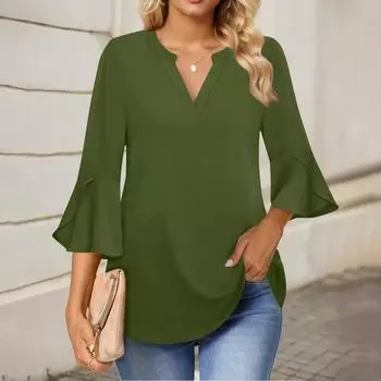 Женская рабочая рубашка с плиссировкой и рукавом 3/4, рубашка с V-образным вырезом, повседневная рубашка с завязками на талии, деловая рубашка L армия зеленый