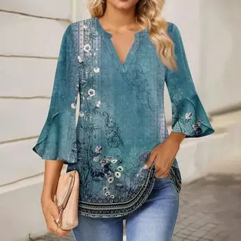 Женская рабочая рубашка с плиссировкой и рукавом 3/4, рубашка с V-образным вырезом, повседневная рубашка с завязками на талии, деловая рубашка L синий