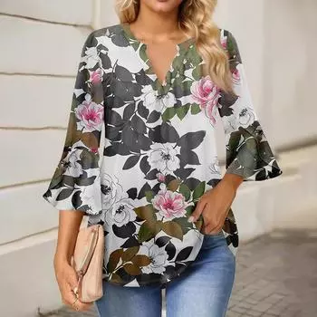 Женская рабочая рубашка с плиссировкой и рукавом 3/4, рубашка с V-образным вырезом, повседневная рубашка с завязками на талии, деловая рубашка L армия зеленый