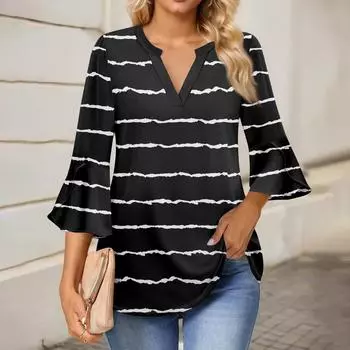 Женская рабочая рубашка с плиссировкой и рукавом 3/4, рубашка с V-образным вырезом, повседневная рубашка с завязками на талии, деловая рубашка L чёрный