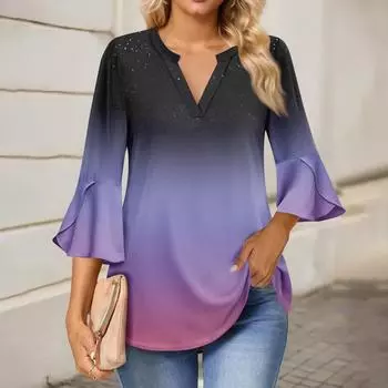 Женская рабочая рубашка с плиссировкой и рукавом 3/4, рубашка с V-образным вырезом, повседневная рубашка с завязками на талии, деловая рубашка L чёрный