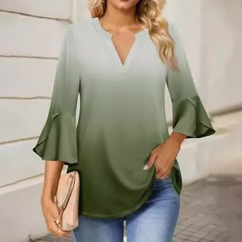 Женская рабочая рубашка с плиссировкой и рукавом 3/4, рубашка с V-образным вырезом, повседневная рубашка с завязками на талии, деловая рубашка L армия зеленый