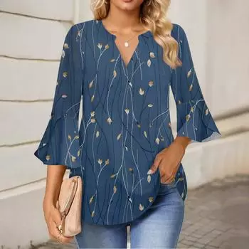 Женская рабочая рубашка с плиссировкой и рукавом 3/4, рубашка с V-образным вырезом, повседневная рубашка с завязками на талии, деловая рубашка M темно-синий