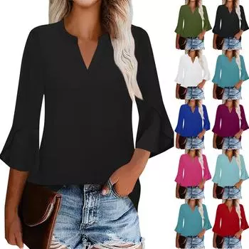 Женская рабочая рубашка с плиссировкой и рукавом 3/4, рубашка с V-образным вырезом, повседневная рубашка с завязками на талии, деловая рубашка L армия зеленый