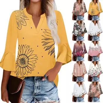 Женская рабочая рубашка с плиссировкой и рукавом 3/4, рубашка с V-образным вырезом, повседневная рубашка с завязками на талии, деловая рубашка L армия зеленый