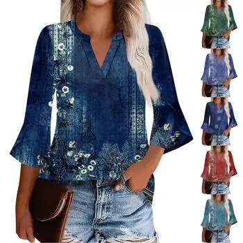 Женская рабочая рубашка с плиссировкой и рукавом 3/4, рубашка с V-образным вырезом, повседневная рубашка с завязками на талии, деловая рубашка M