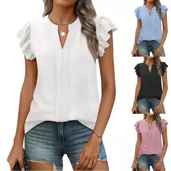 Женская рабочая рубашка с плиссировкой и рукавом 3/4, рубашка с V-образным вырезом, повседневная рубашка с завязками на талии, деловая рубашка L чёрный