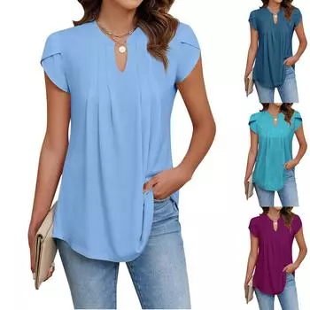 Женская рабочая рубашка с плиссировкой и рукавом 3/4, рубашка с V-образным вырезом, повседневная рубашка с завязками на талии, деловая рубашка L чёрный