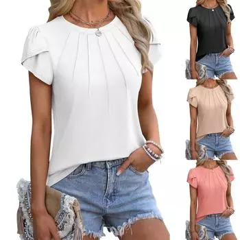 Женская рабочая рубашка с плиссировкой и рукавом 3/4, рубашка с V-образным вырезом, повседневная рубашка с завязками на талии, деловая рубашка L чёрный