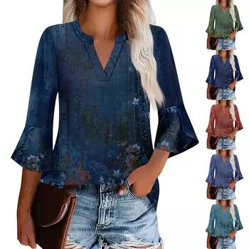 Женская рабочая рубашка с плиссировкой и рукавом 3/4, рубашка с V-образным вырезом, повседневная рубашка с завязками на талии, деловая рубашка L синий