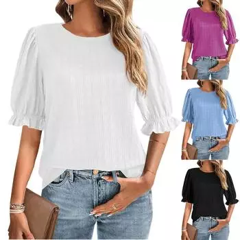 Женская рабочая рубашка с плиссировкой и рукавом 3/4, рубашка с V-образным вырезом, повседневная рубашка с завязками на талии, деловая рубашка L чёрный