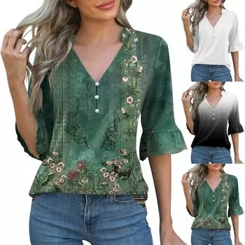 Женская рабочая рубашка с плиссировкой и рукавом 3/4, рубашка с V-образным вырезом, повседневная рубашка с завязками на талии, деловая рубашка L чёрный