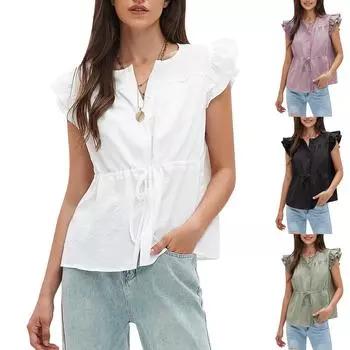 Женская рабочая рубашка с плиссировкой и рукавом 3/4, рубашка с V-образным вырезом, повседневная рубашка с завязками на талии, деловая рубашка L чёрный