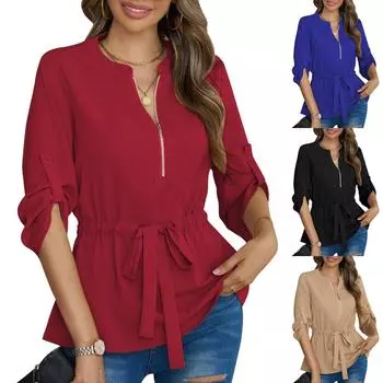 Женская рабочая рубашка с плиссировкой и рукавом 3/4, рубашка с V-образным вырезом, повседневная рубашка с завязками на талии, деловая рубашка M красный