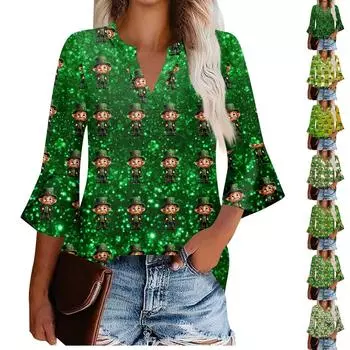 Женская рабочая рубашка с плиссировкой и рукавом 3/4, рубашка с V-образным вырезом, повседневная рубашка с завязками на талии, деловая рубашка XL