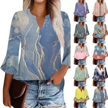 Женская рабочая рубашка с плиссировкой и рукавом 3/4, рубашка с V-образным вырезом, повседневная рубашка с завязками на талии, деловая рубашка XL