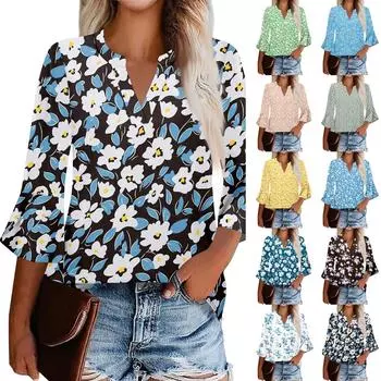 Женская рабочая рубашка с плиссировкой и рукавом 3/4, рубашка с V-образным вырезом, повседневная рубашка с завязками на талии, деловая рубашка M синий