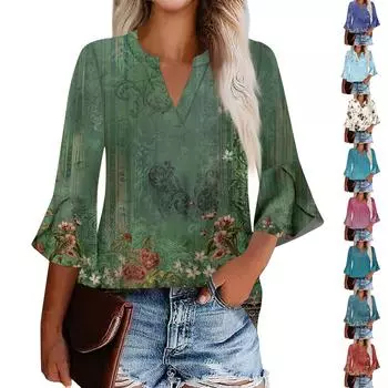 Женская рабочая рубашка с плиссировкой и рукавом 3/4, рубашка с V-образным вырезом, повседневная рубашка с завязками на талии, деловая рубашка L синий