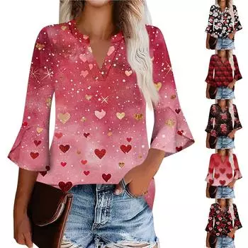 Женская рабочая рубашка с плиссировкой и рукавом 3/4, рубашка с V-образным вырезом, повседневная рубашка с завязками на талии, деловая рубашка M винный