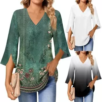 Женская рабочая рубашка с плиссировкой и рукавом 3/4, рубашка с V-образным вырезом, повседневная рубашка с завязками на талии, деловая рубашка L чёрный