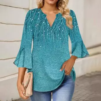 Женская рабочая рубашка с плиссировкой и рукавом 3/4, рубашка с V-образным вырезом, повседневная рубашка с завязками на талии, деловая рубашка S циан