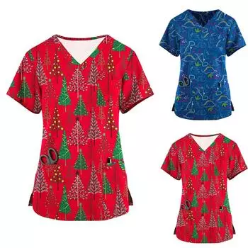 Женская рабочая униформа с короткими рукавами и принтом, защитная униформа с карманом и V-образным вырезом L синий