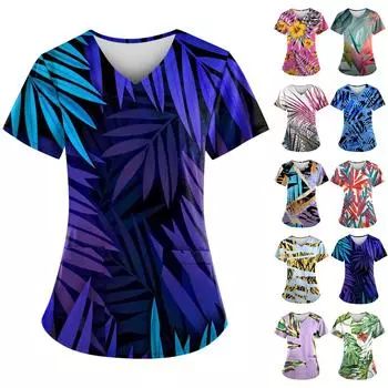 Женская рабочая униформа с принтом в гавайском стиле, рабочая защитная рабочая форма с v-образным вырезом и карманами L синий