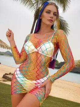 Женская радужная ночная рубашка сексуальное облегающее короткое платье эротическое сетчатое полое перспективное обтягивающее нижнее белье женская сексуальная мини-юбка XS