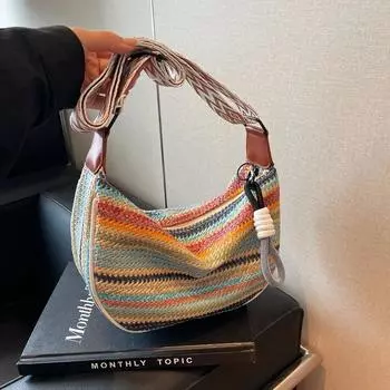 Женская радужная плетеная сумка через плечо с широким ремешком, элегантная сумка через плечо, летние сумки, новые