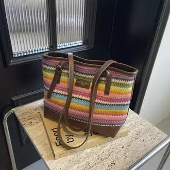 Женская радужная соломенная плетеная сумка, новая элегантная и универсальная, большой вместимости