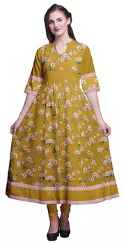 Женская расклешенная блузка макси с цветочным принтом Bimba с золотыми листьями и пионами AnarkaliA KurtiA Kurta Large жёлтый