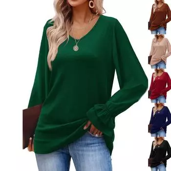 Женская расклешенная блузка с длинным рукавом, однотонная женская повседневная блузка с V-образным вырезом, топ S зелёный