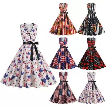 Женская распашная юбка в стиле ретро без рукавов с v-образным вырезом и принтом в виде ленты на талии M коричневый