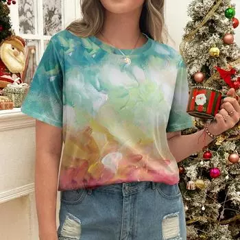 Женская разноцветная абстрактная футболка с рисунком маслом, повседневная и модная, летний стиль, круглый вырез, короткий рукав S