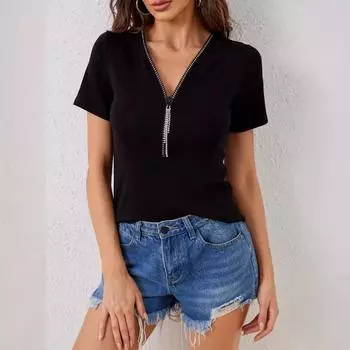 Женская ребристая футболка с V-образным вырезом, бриллиантами, застежкой-молнией, однотонная, с коротким рукавом, облегающая футболка S чёрный
