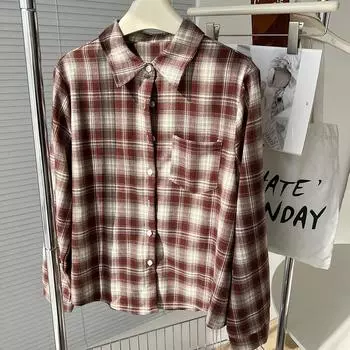 Женская ретро клетчатая рубашка с начесом, осень/зима, корейский стиль, колор-блок, свободный воротник поло, толстый повседневный топ. L