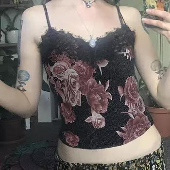 Женская ретро-майка с цветочным принтом, кружевом и ярким шелком Spice Girls Street Sexy с V-образным вырезом и тонкой баской без воротника S чёрный