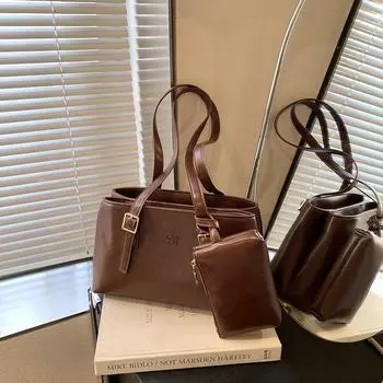 «Женская ретро-модная сумка-тоут — вместительная матовая сумка через плечо на осень/зиму 2024 года» 30*9.5*19 чёрный