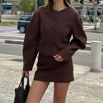 Женская ретро однотонная элегантная мини-юбка с высокой талией, осенняя повседневная модная тонкая юбка-трапеция на молнии XS коричневый