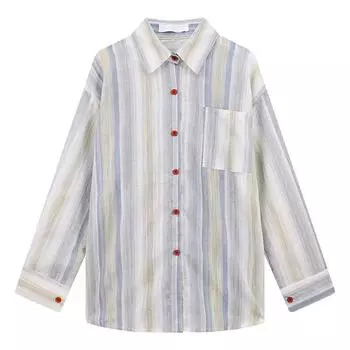 Женская ретро полосатая льняная рубашка - Весна/Осень 2024 Тонкое пальто для защиты от солнца L