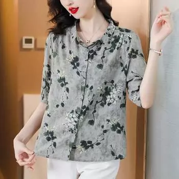 Женская ретро повседневная рубашка с рукавом пять минут для среднего возраста, блузка с цветочным принтом 4XL синий