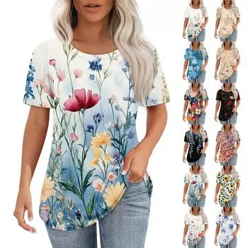 Женская ретро-принтованная модная повседневная футболка с круглым вырезом и коротким рукавом L бежевый