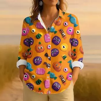 Женская ретро рубашка с принтом на Хэллоуин, на пуговицах, с длинным рукавом, повседневная, с обычным воротником XXL оранжевый