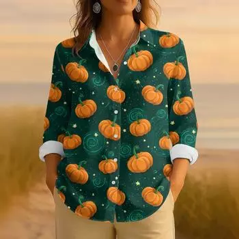 Женская ретро рубашка с принтом на Хэллоуин, на пуговицах, с длинным рукавом, повседневная, с обычным воротником XXL