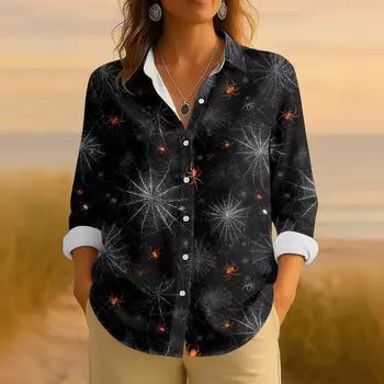 Женская ретро рубашка с принтом на Хэллоуин, на пуговицах, с длинным рукавом, повседневная, с обычным воротником L чёрный