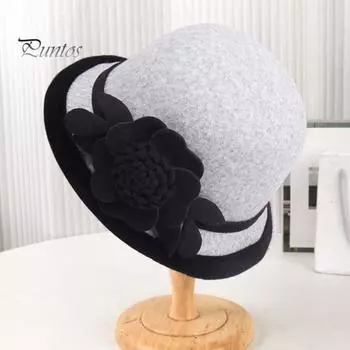 Женская ретро-шапка с объемным цветочным декором и куполом контрастного цвета с короткими полями для холодной погоды, для свиданий, шопинга, вечеринок, головной убор чёрный