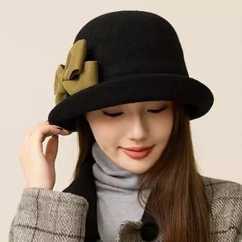 Женская ретро шерстяная шляпа-топпер Bow Basin Hat Big Head Fisherman Hat чёрный